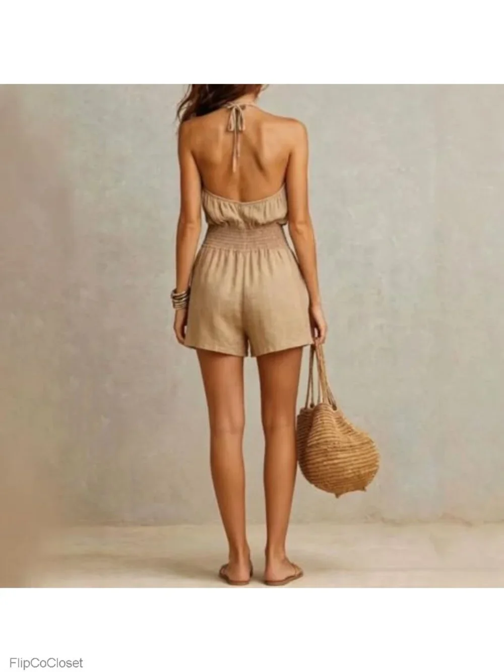 Halter Neck Romper Backless Smocked Waist Jumpsuit Shorts S